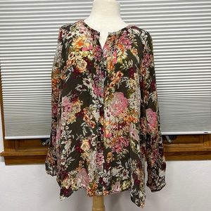 J. Jill Brown Green Pink Floral Print Long Sleeve Button Down Shirt